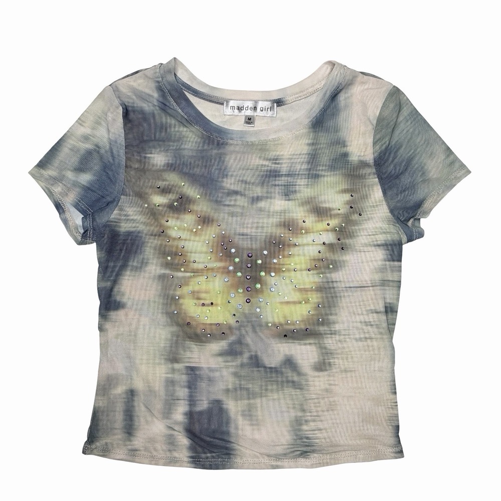 Madden Girl Sheer Mesh Rhinestone Butterfly Tee Y2K 90's-Inspired Baby Tee